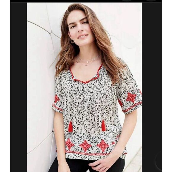 J Jill Prairie Peasant Tunic Top Embroidered Sz S Boho Tassel Tie Cottage Cotton - Picture 5 of 16